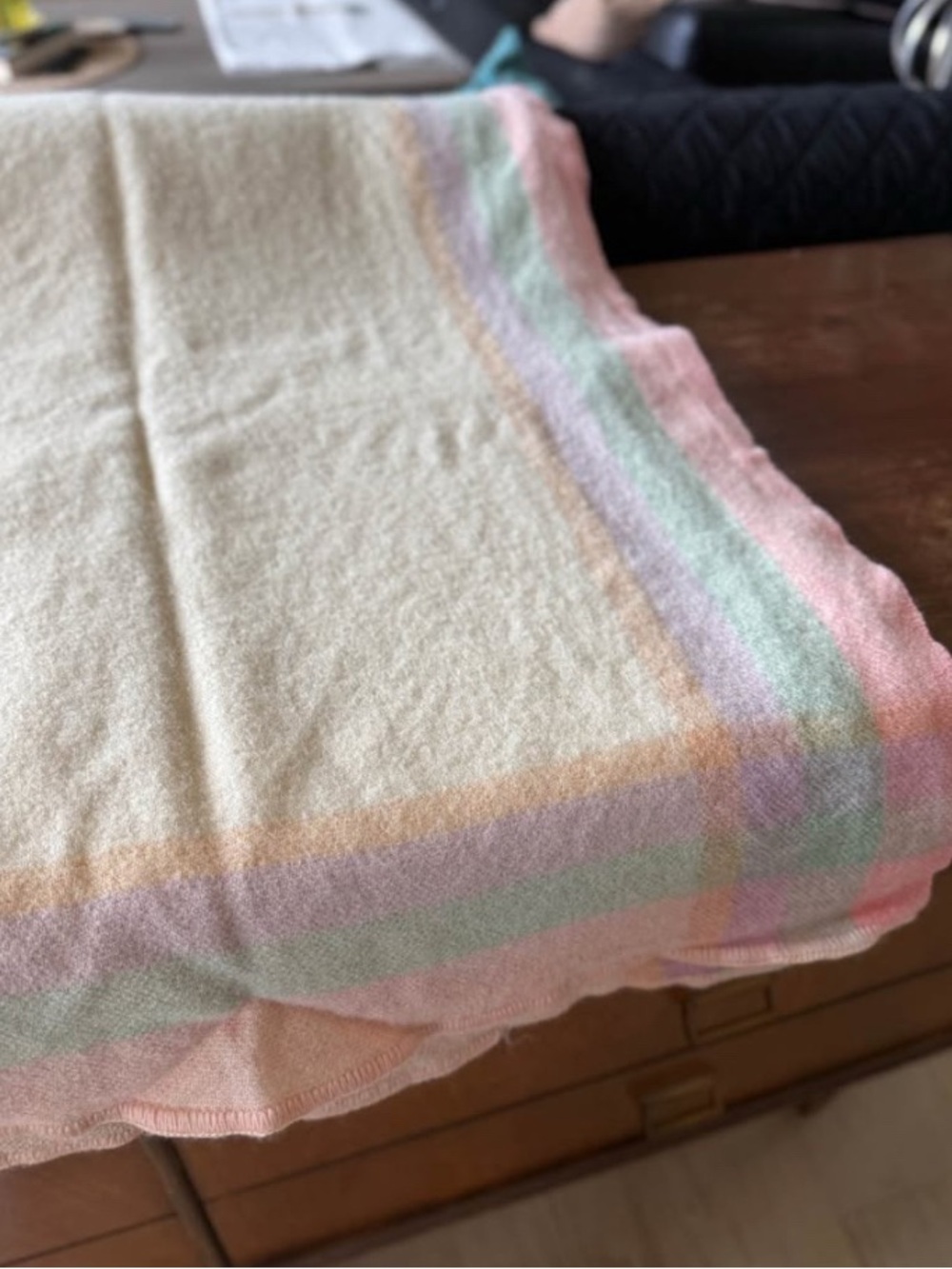 Vintage 100% wool creamy base with soft pastel plaid striping ~55”x80”